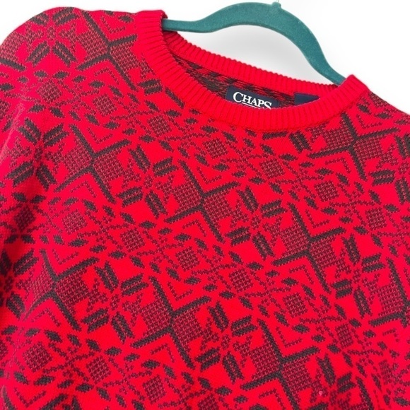 Chaps Red/Black Nordic Snowflake Print 100% Cotton Crew Neck Mens Sweater - Picture 6 of 6